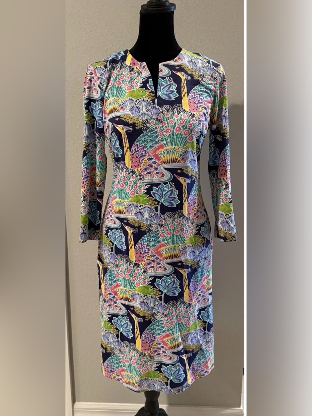 J. McLaughlin Navy Multicolor Peacock-Print Long Sleeve Dress